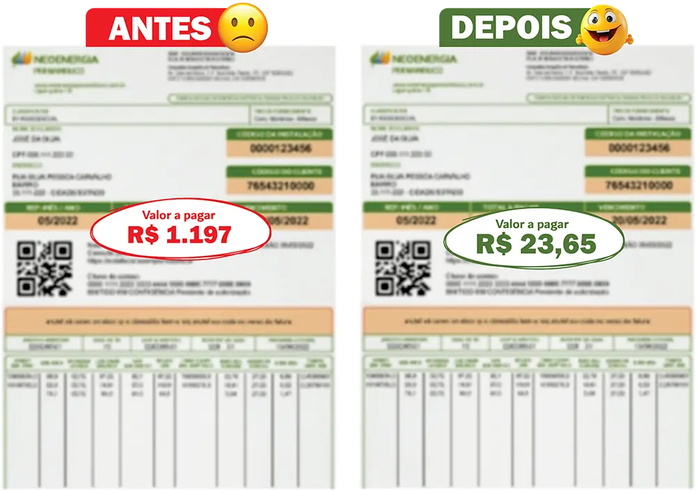 Comparação de conta de luz antes e depois